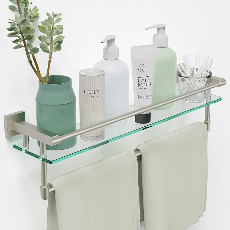 Bathroom Glass Shelf with Towel Rack Shelf Wall-Mounted Bathroom Organizers Storage SUS304 Stainless Steel Towel Bar/Holder