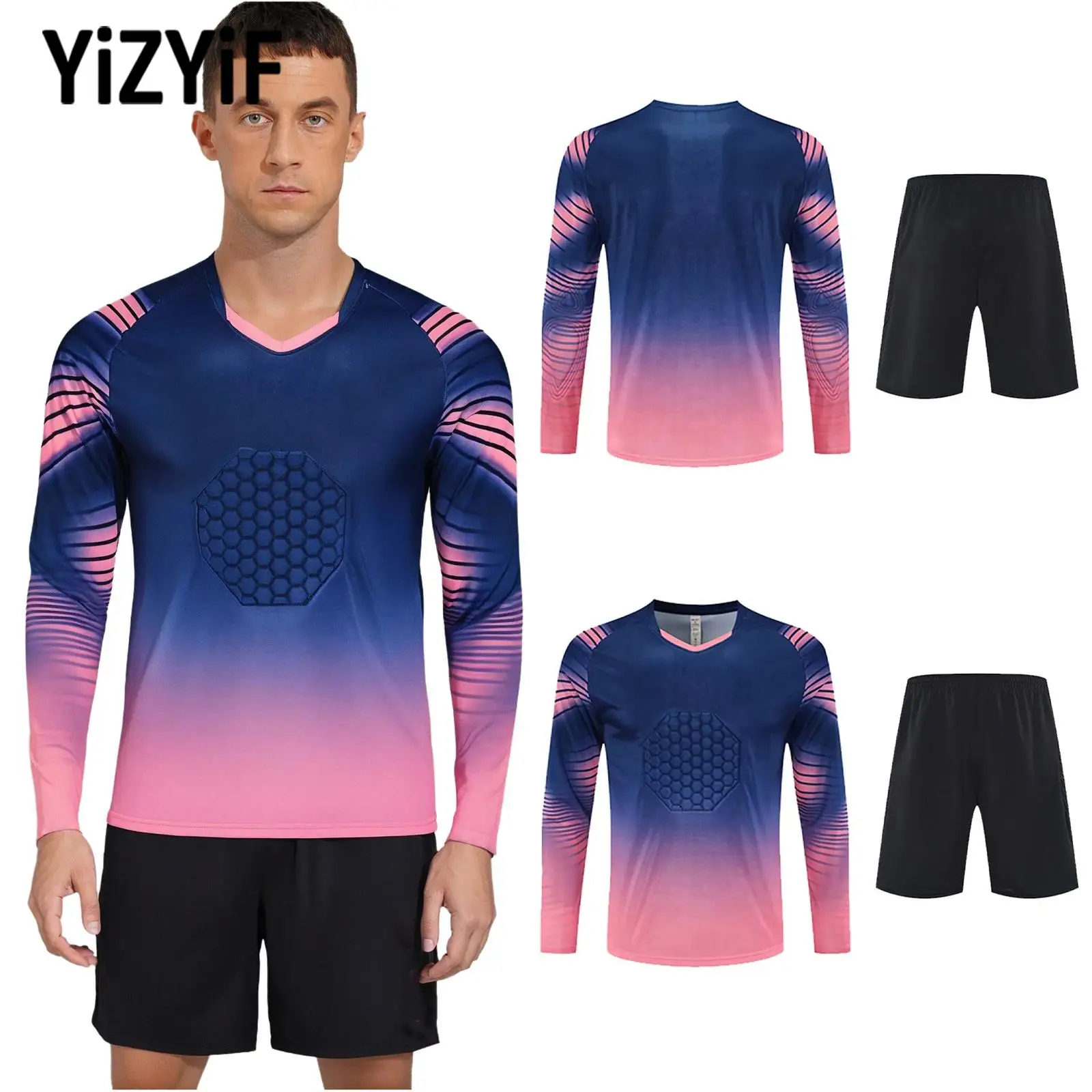 

2Pcs Mens Football Goalkeeper Uniform Sports Outfit Long Sleeve Padded Soccer Jersey Top+Shorts Set for Gym Basketball Running