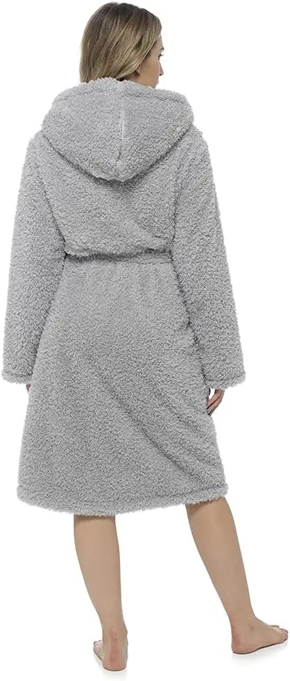 Ladies Super Soft Fleece Solid Winter Hooded Halter Lace up Wrap Dressing Gown Nightwear