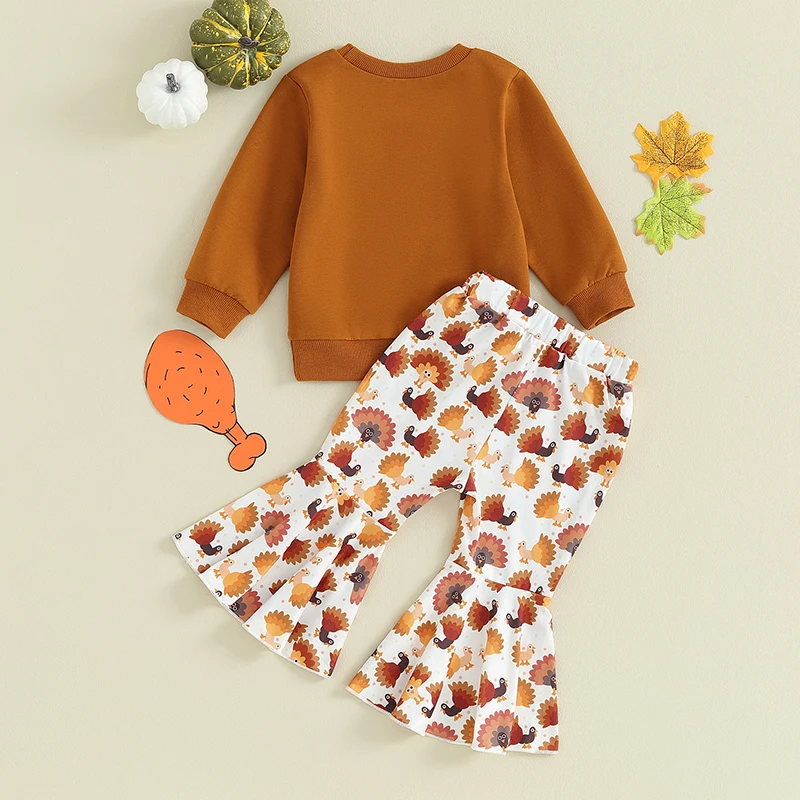 Thanksgiving-Outfit für Mädchen, Türkei-Aufdruck, Sweatshirt mit Schlaghose, langärmelig, Buchstaben-Aufdruck, Herbstkleidung für Kinder