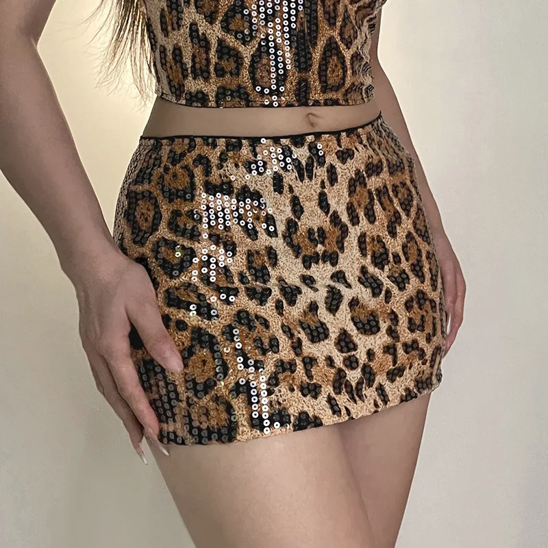 Leopard Print Sequin Skirt Hip Hugging Short Skirt Sexy Summer Street Wear Versatile Half Skirt European Fashion