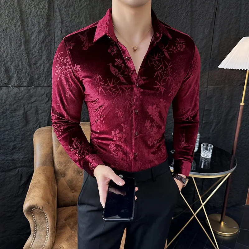 Korean Winter Velvet Shirt Men Long Sleeve Casual Shirts High Quality Elastic Business Social Office Formal Dress Shirts 2023