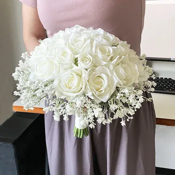 Hochzeitsaccessoires Brautstrauß Weiße Rosen Schleierkraut Seidenblumen Künstlicher Brautjungfernstrauß Tischdekoration