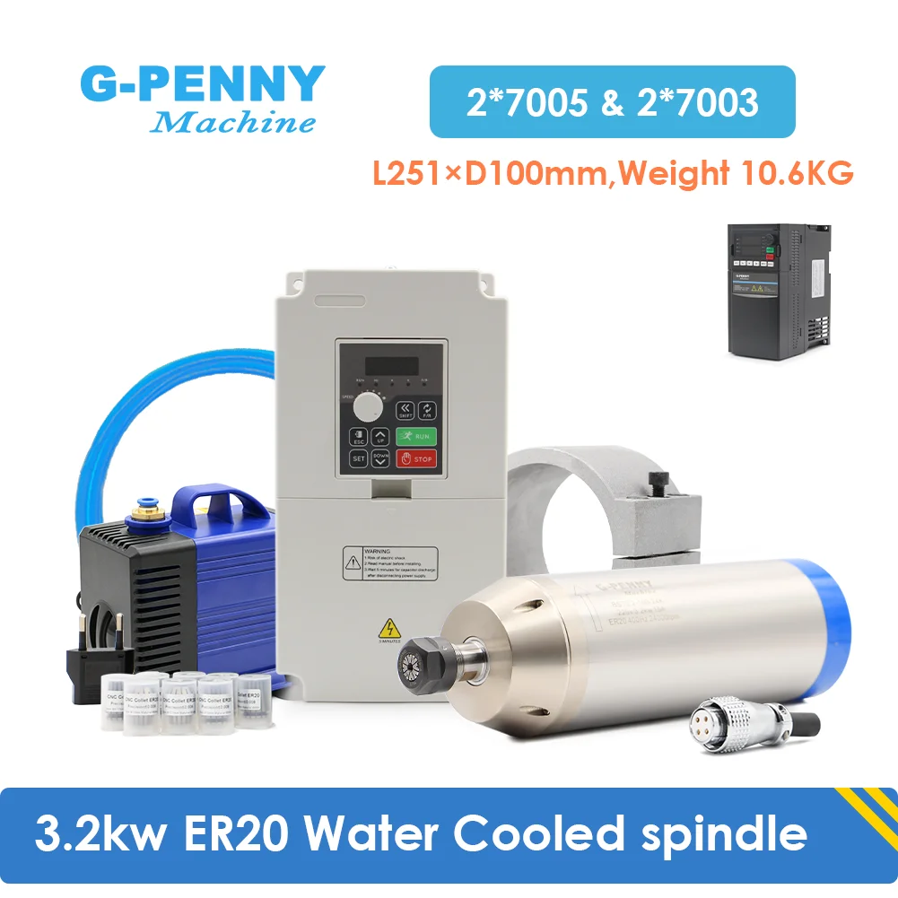 G‑Penny 3.2KW ER20 100mm Bullet Type Water Cooled Spindle Motor Kit 400Hz 24000RPM Inverter 80mm Bracket Water Pump For CNC Wood