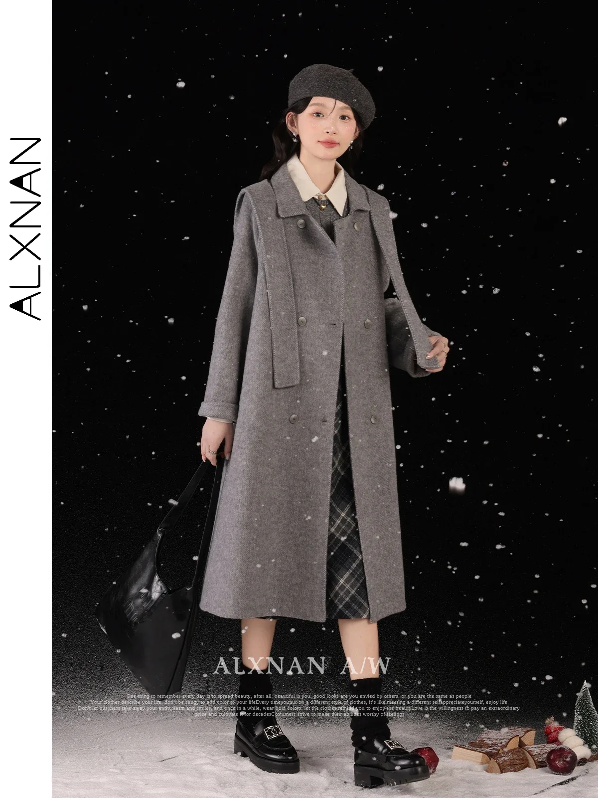 

ALXNAN Women's Double-sided Woolen Coat 2024 Winter Preppy Hooded Lace-up Raglan Sleeve Female Warm Straight Outerwear LXN329132