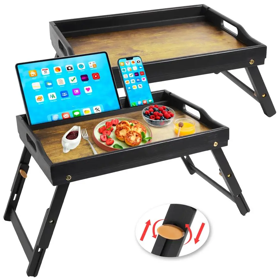 

Набор из 2 складных подносов-столиков с ручками, темно-коричневый бамбуковый поднос для завтрака в деревенском стиле с отсеком для гаджетов, можно использовать как сервировочный поднос