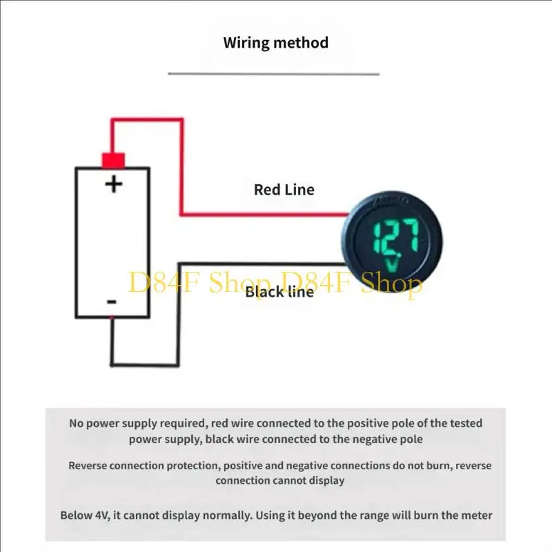 D84F Digital Meter 4V-100V 2 Wire Round Display Voltmeter For Electrical