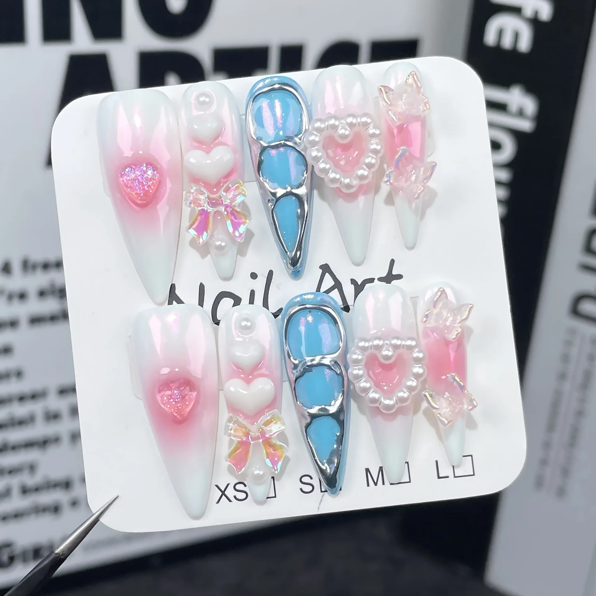 10ppcs Handmade Long Pointed Aurora False Nails For Girl Y2k Press On Nails Wearable Flash Pink Blush Fake Nails Stiletto Tips image 3