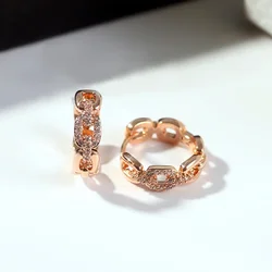 Huitan Chic Unique Chain Link Designed Female Hoop Earrings Shiny CZ Rose Gold Color Earrings Trendy Dainty Engagement Jewelry