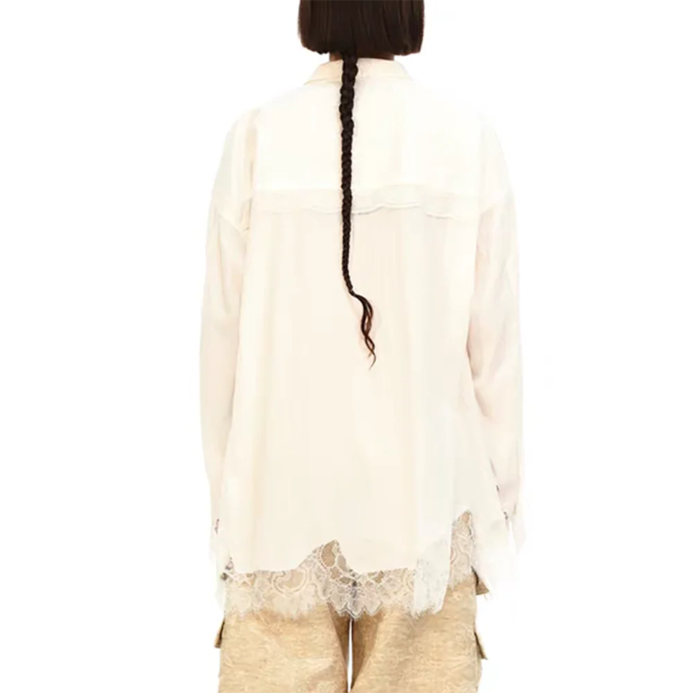 Camisa de seda para mujer Y2K con borde de encaje y lazo, blusa holgada elegante para ir al trabajo, Tops con empalme Irregular, novedad de primavera 2025