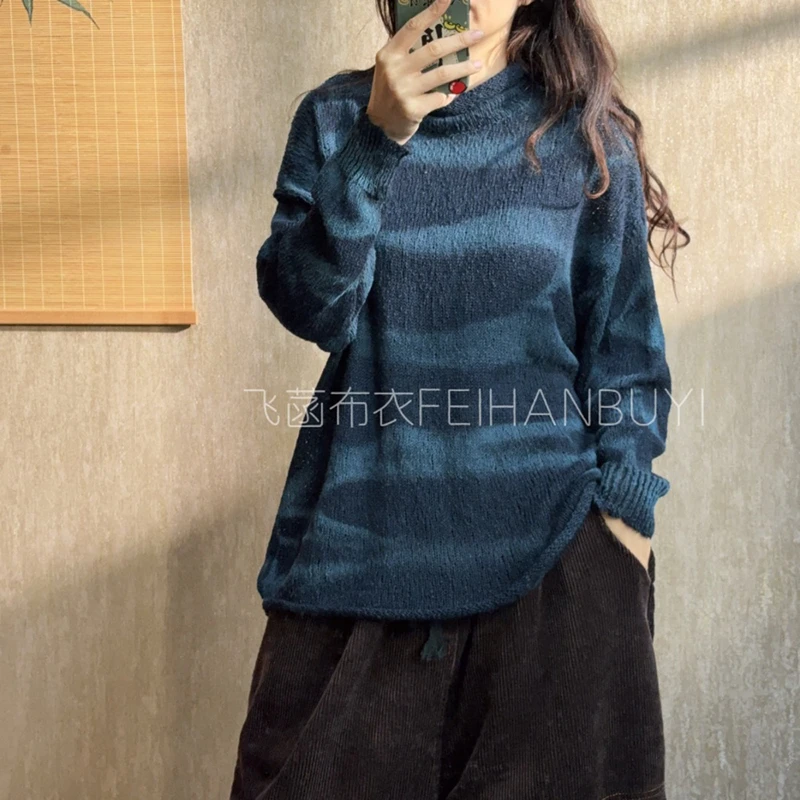 

Новое поступление 2025 года, осенне-зимний женский пуловер, повседневный свободный вязаный свитер с воротником-стойкой и длинными рукавами, винтажный полосатый принт F84