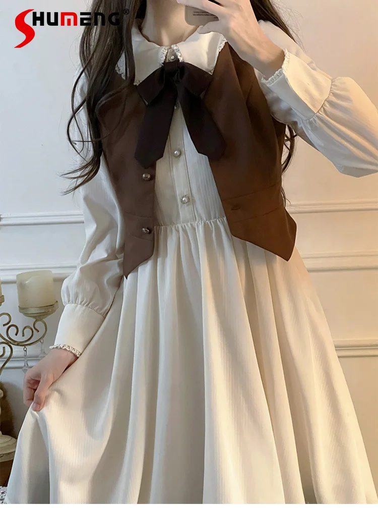 

Japanese Elegant Retro Lolita Dress Doll Collar Bow Long Sleeve High Waist Slim A-line Single-breasted Long Dress Women's Autumn
