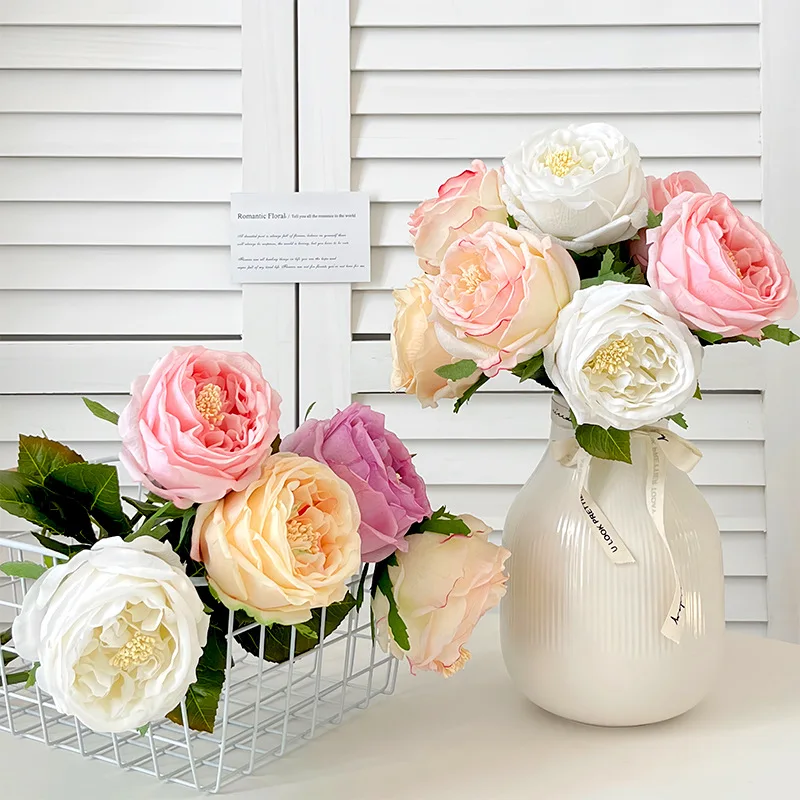 

6 Pcs Artificial Moisturizing Austin Rose Real Touch Fake Flower Bridal Bouquet Home Decoration Restaurant Ornament