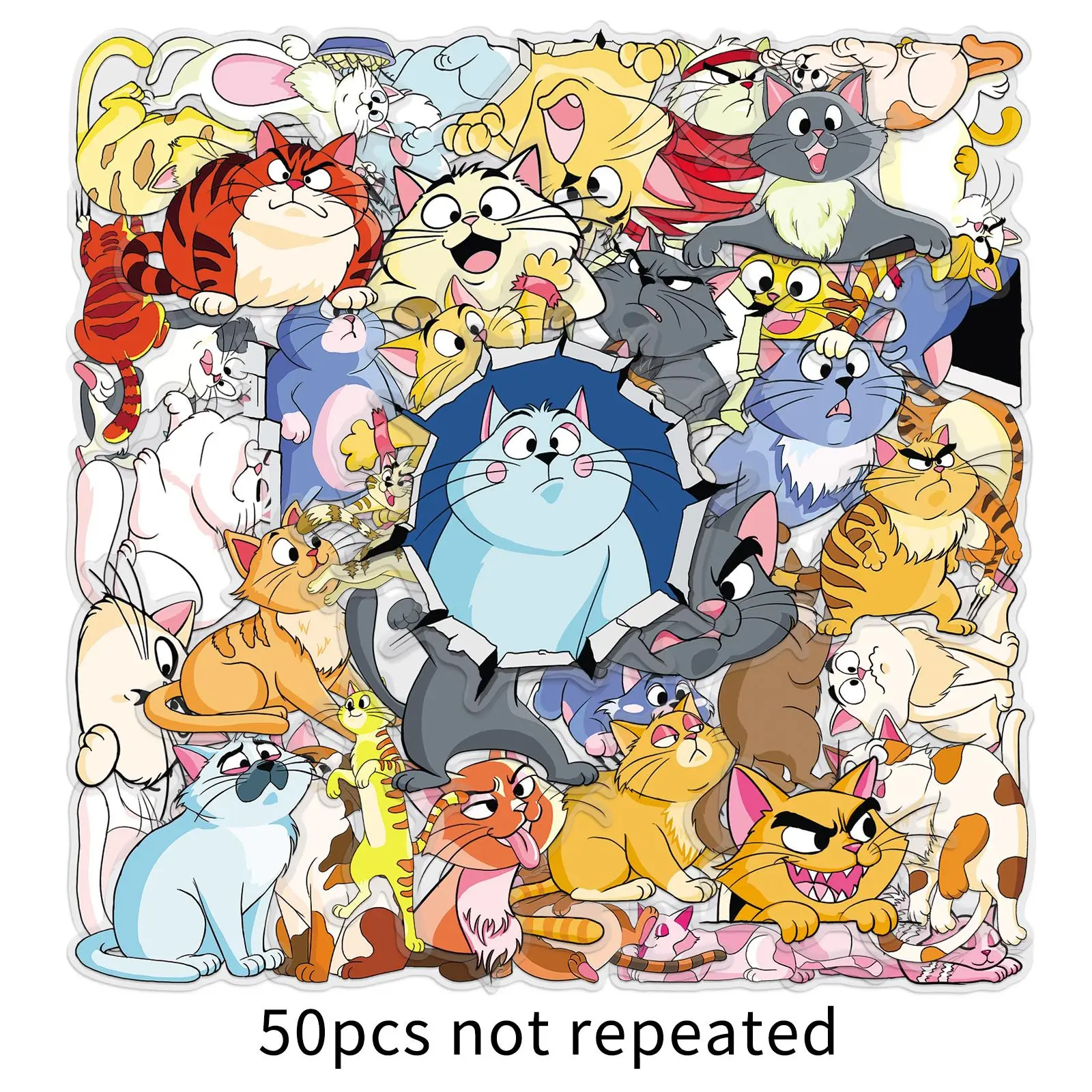 50 SZTUK Naklejek z Kreskówkowymi Kotami, Śmieszne Kotki, Graffiti, Wodoodporne, Przezroczyste Naklejki, Zabawka dla Dzieci, Prezent na Pudełko na Artykuły Papiernicze, Kubek na Wodę