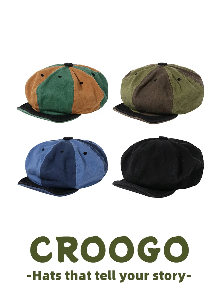 

CROOGO Washed Retro Newsboy Cap Unisex Cloud Pattern Color Block Short Brim Octagonal Hat Adjustable Cotton Beret for Travel
