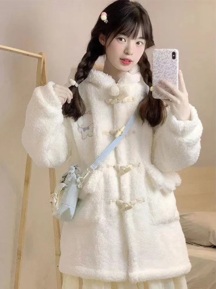 White Lolita Kawaii Wool Coat Women Loose Japanese Sweet Cute Hooded Jacket Female Pockets Korean Casual Coat Warm Winter 2024