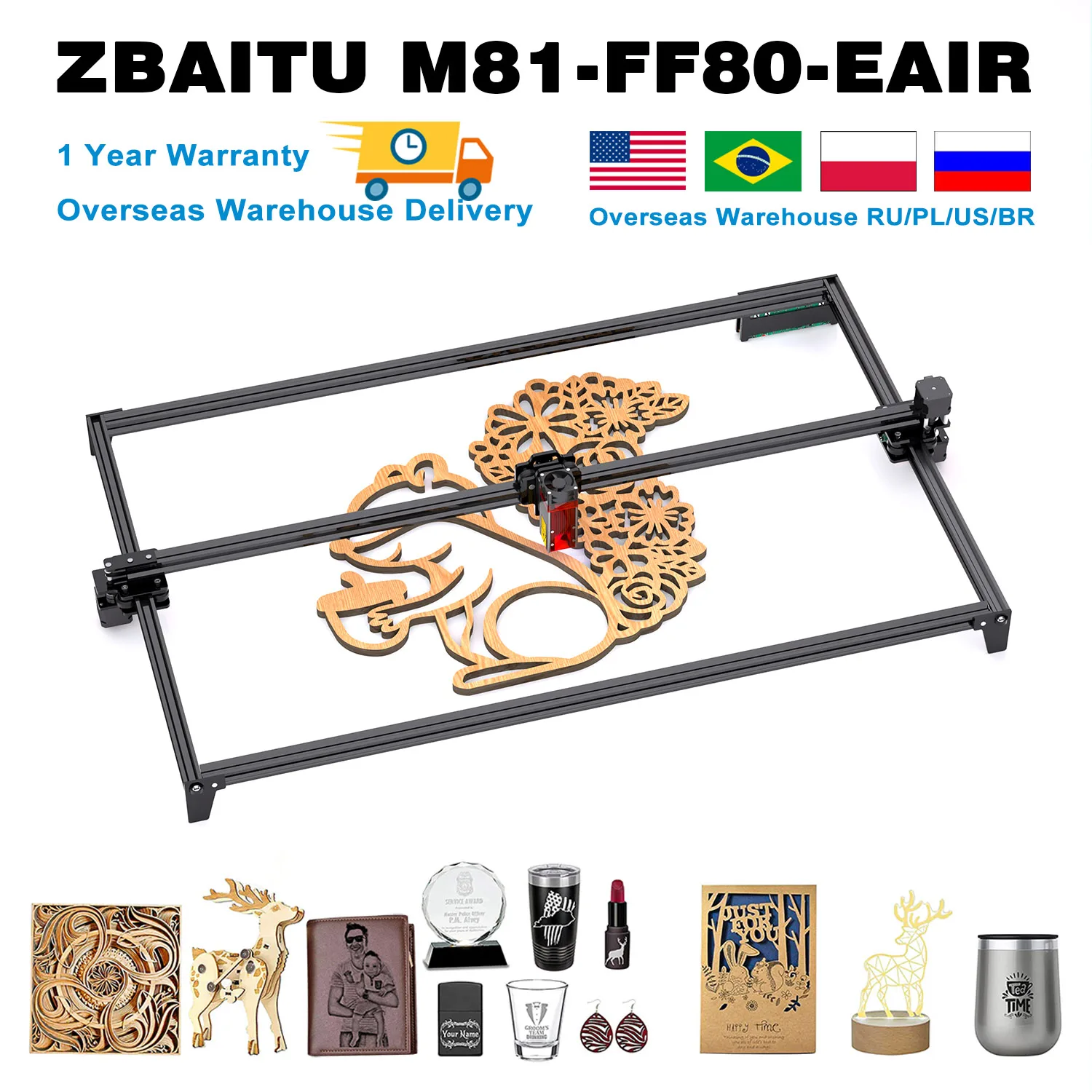 ZBAITU-grabador láser CNC DIY, máquina de grabado de corte de madera, enrutador 81x46cm, 130W, módulo láser con asistencia de aire, 10W/20W