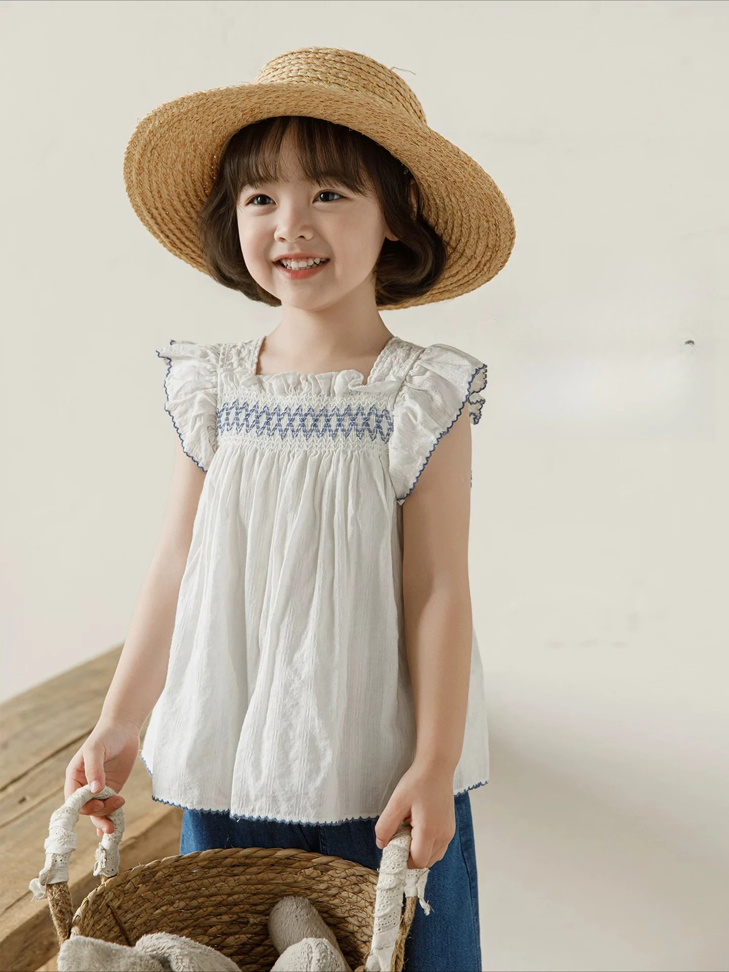 2026 New Kids Girls Cotton Flutter Sleeve Top Cute Doll Shirt Lightweight Casual Wear