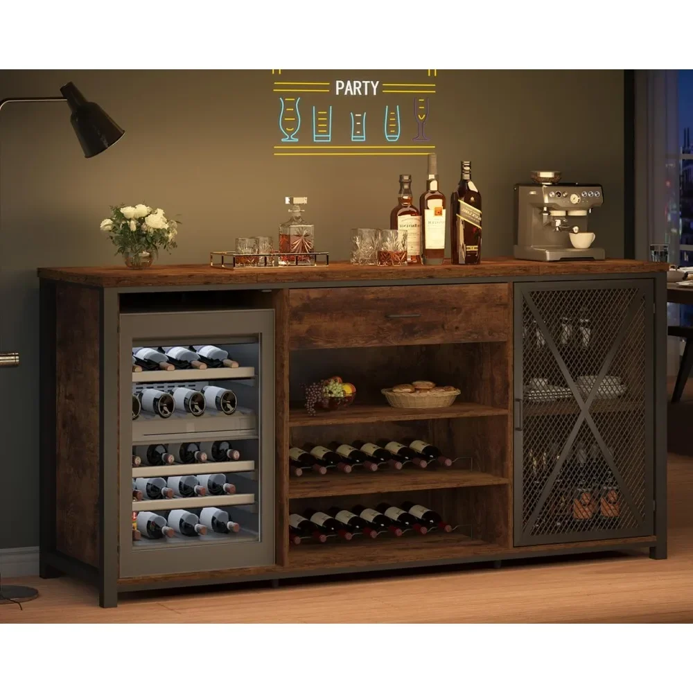 Farmhouse wood metal wine cabinet, large bar cabinet with refrigerated space, rustic wine cabinet with drawer storage