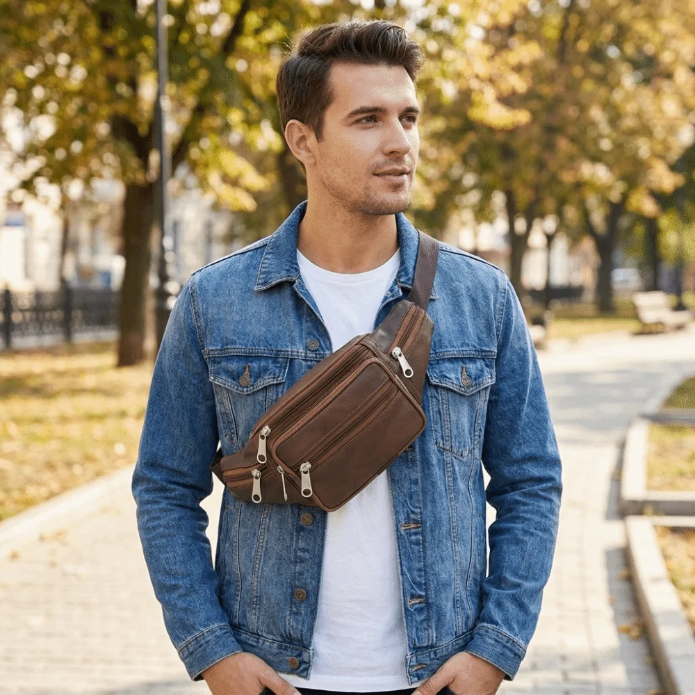 Retro Adjustable Strap PU Leather Waist Bag Soft Multi Pockets Fanny Pack Dual Purpose Hands Free Crossbody Chest Bag Gym