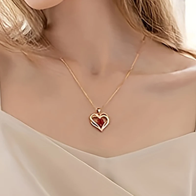 Luxury Red Zircon Heart Necklace I Love You Pendant Jewelry With A rose gift box For Girlfriend Mom 2024 Hot Birthday Gifts