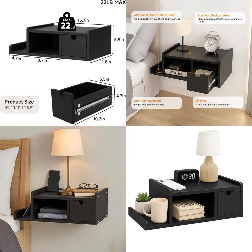 

Floating Nightstand with Drawer & Shelf,Wall Mounted Bedside Table for Small Bedrooms,Modern Black End Table with Space Saving D
