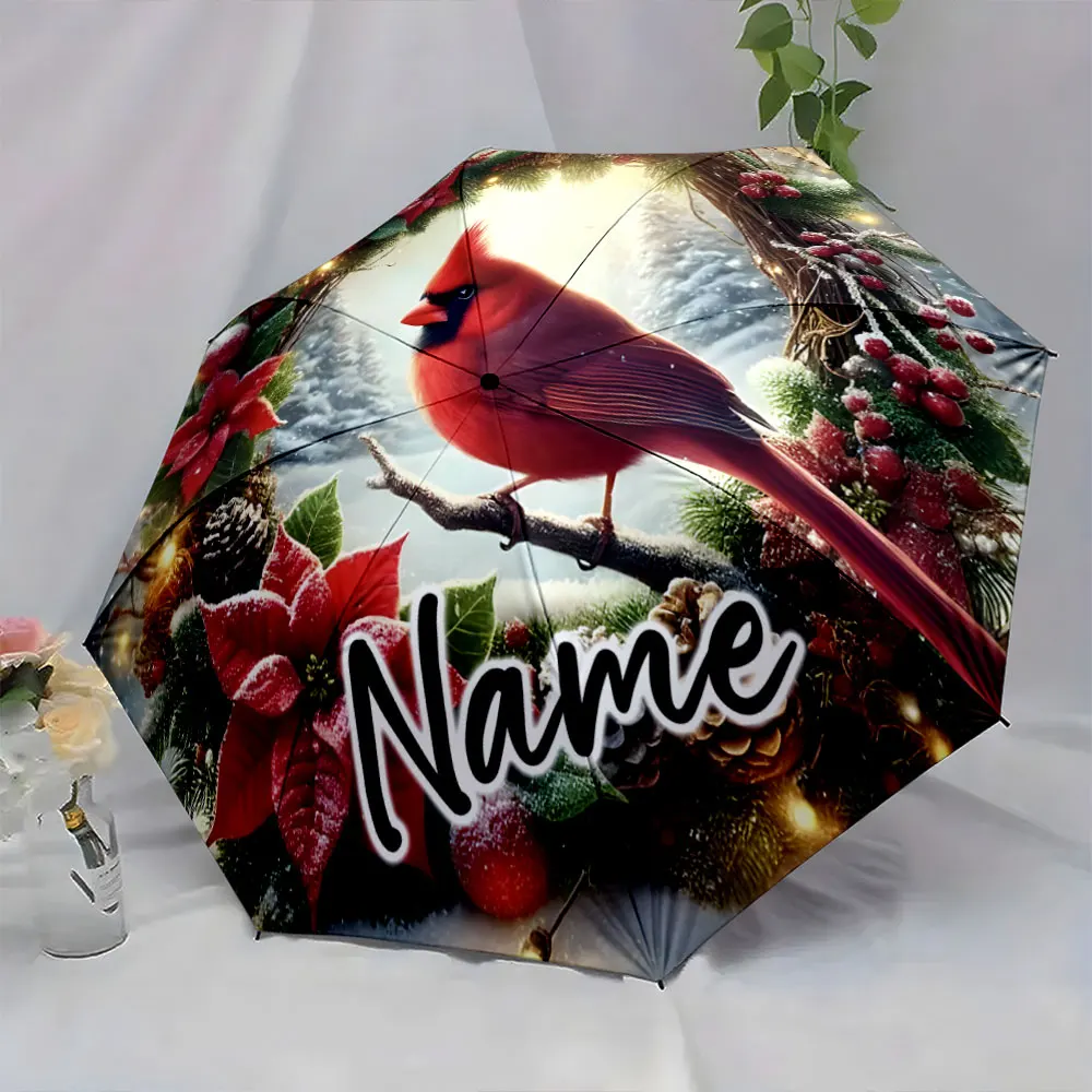 Custom Name Festive Umbrella with Cardinal and Christmas Decor Print 8 Iron Ribs Folding Umbrella Auto-Open Fashion Sunshade