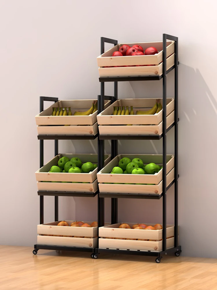 Fruit store shelves Solid wood fruit Display racks Movable with wheels Wine racks Fruit and vegetable