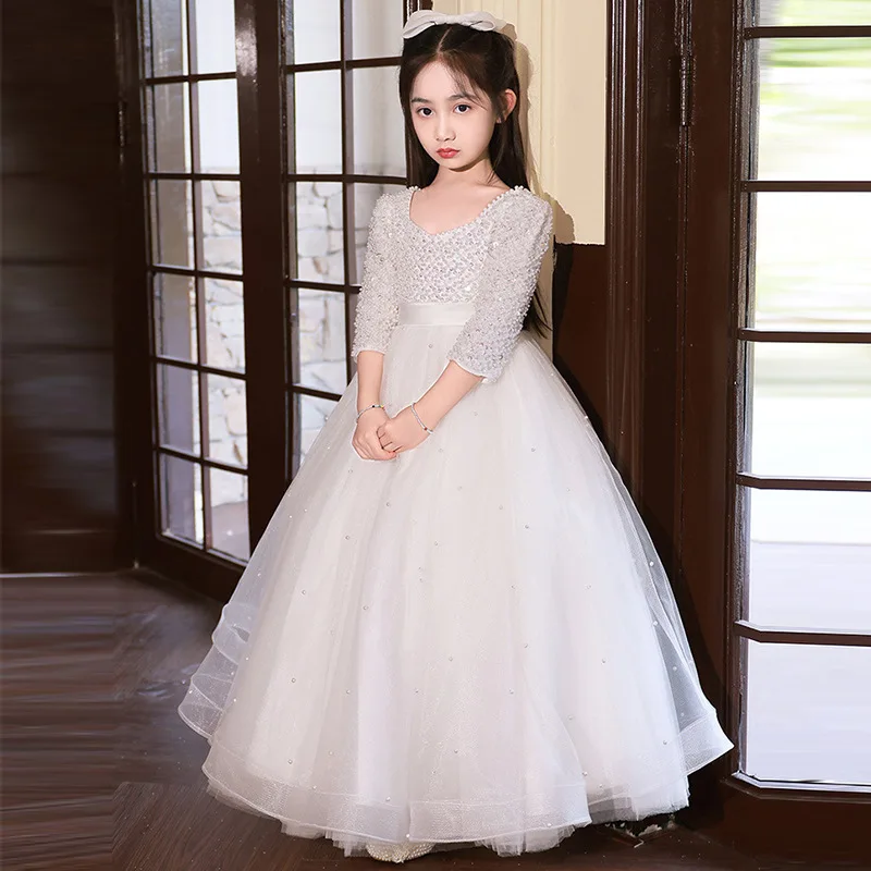 

2024 Banquet Evening Dress for Teenage Girls Kids Beading Tulle Maxi Ball Gown Infant Luxury Princess Dresses Children Partywear