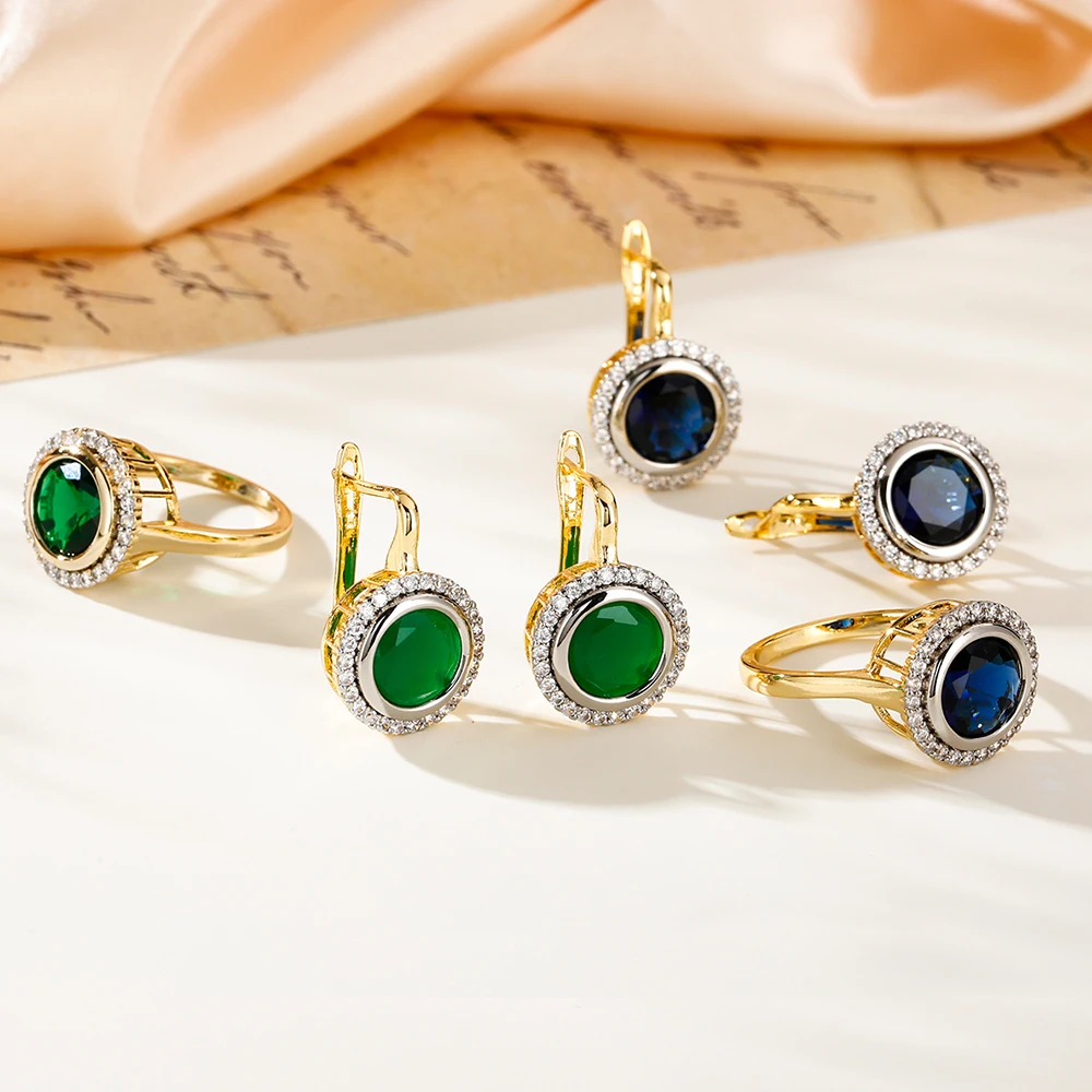 

Round inlaid zircon earrings ring for women luxury fashion jewelry copper plated 14K gold banquet party festival wear gift
