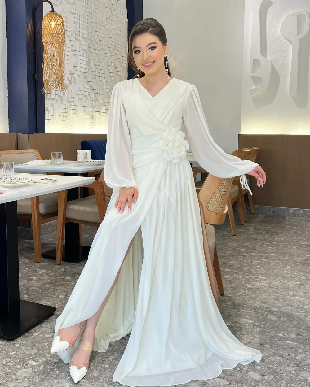 

Customized Chinese Style Matching Chiffon Pleat Handmade Flower A-line V-neck Long Dresses Bespoke Occasion Dresses Exquisite