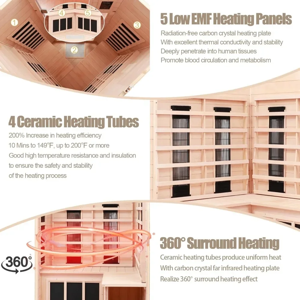 Ceramic Infrared Sauna 2-3 Person Far Infrared Saunas for Home Low EMF Indoor Home Sauna Hemlock Wooden Corner Sauna