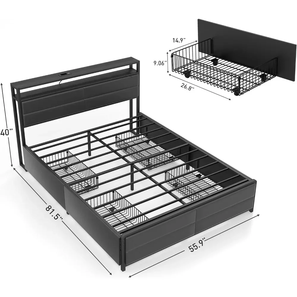 Full Size Bed Frame, 4 Storage Drawers, USB Port, Strong Metal Slats Support, Noise Free Needed, Mattress Foundation, Bed Frame