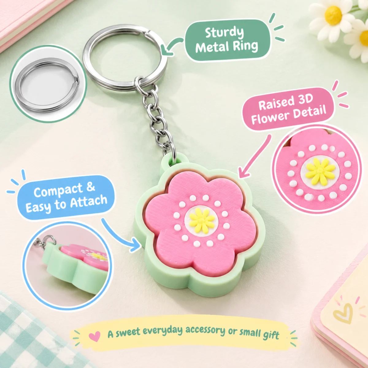 1Pc Sweet Flower Bead Clicker,3D Printed Eco‑friendly PLA,Colorful Stylish Portable Stress Relief Fidget Toy Keychain Accessory