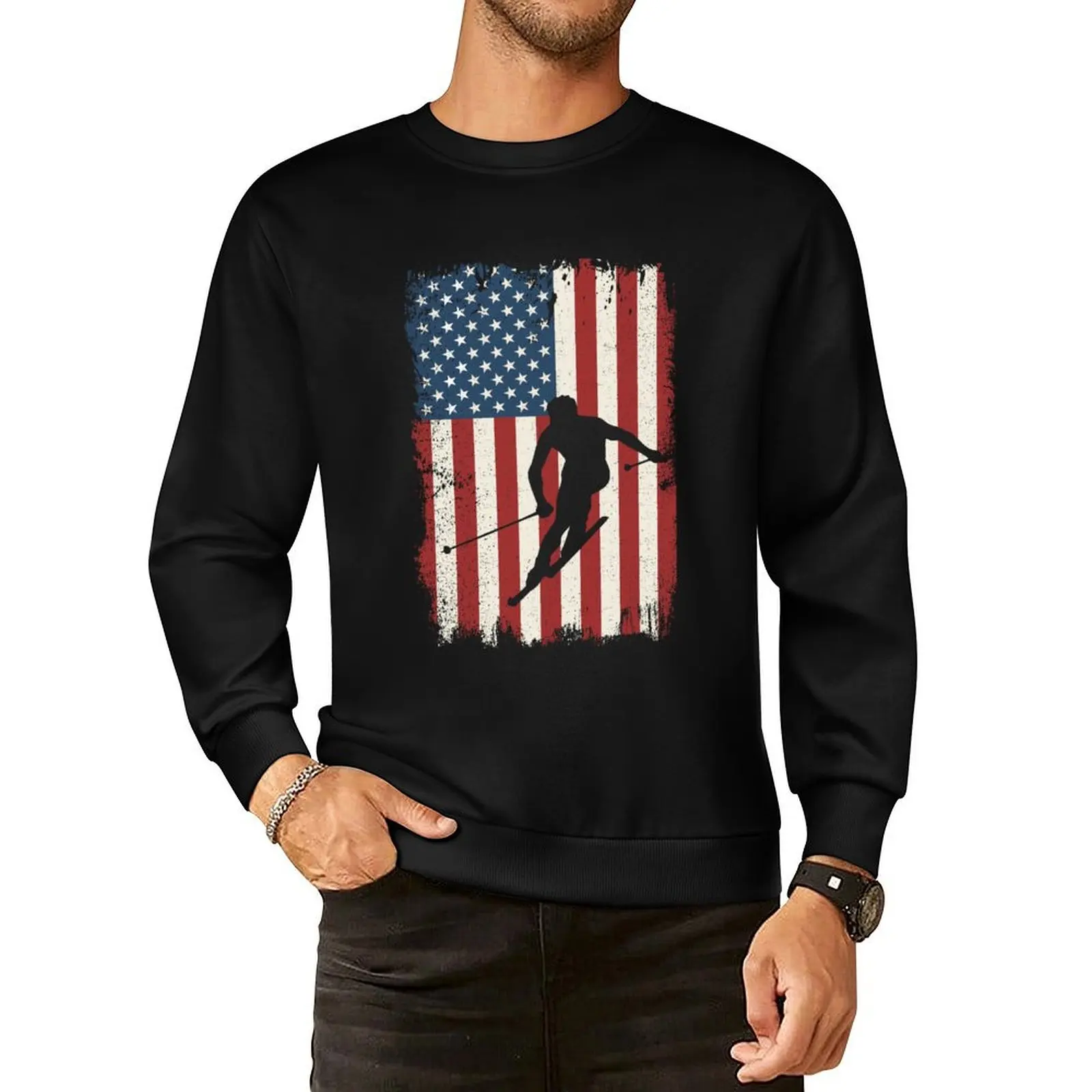 

Skiing USA American Flag Ski Lover Snowboarding Winter Kids Pullover Hoodie mens designer clothes men's coat sweatshirt male