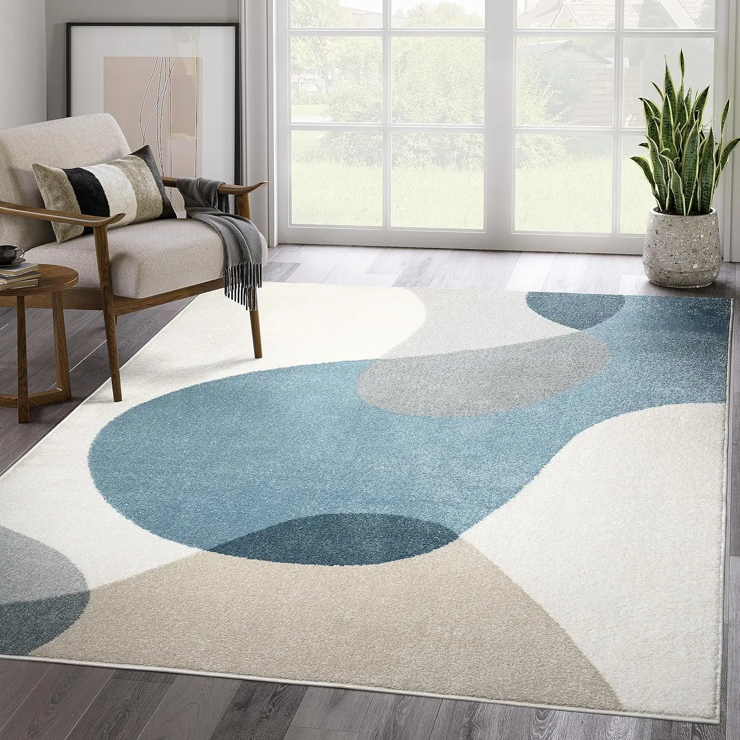 

Collection Area Rug - Cream/Blue Mid-Century Design - 4' x 6' - Easy to Clean - Durable for Kids and Pets - Non-Shedding