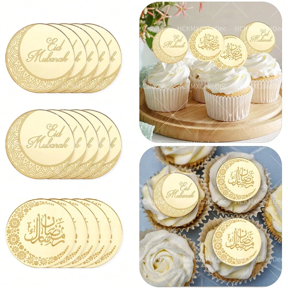 10 Stück/20 Stück Gold Acryl Eid Mubrak Cupcake Topper für Ramadan Kareem Party Kuchen Dekoration Lieferungen