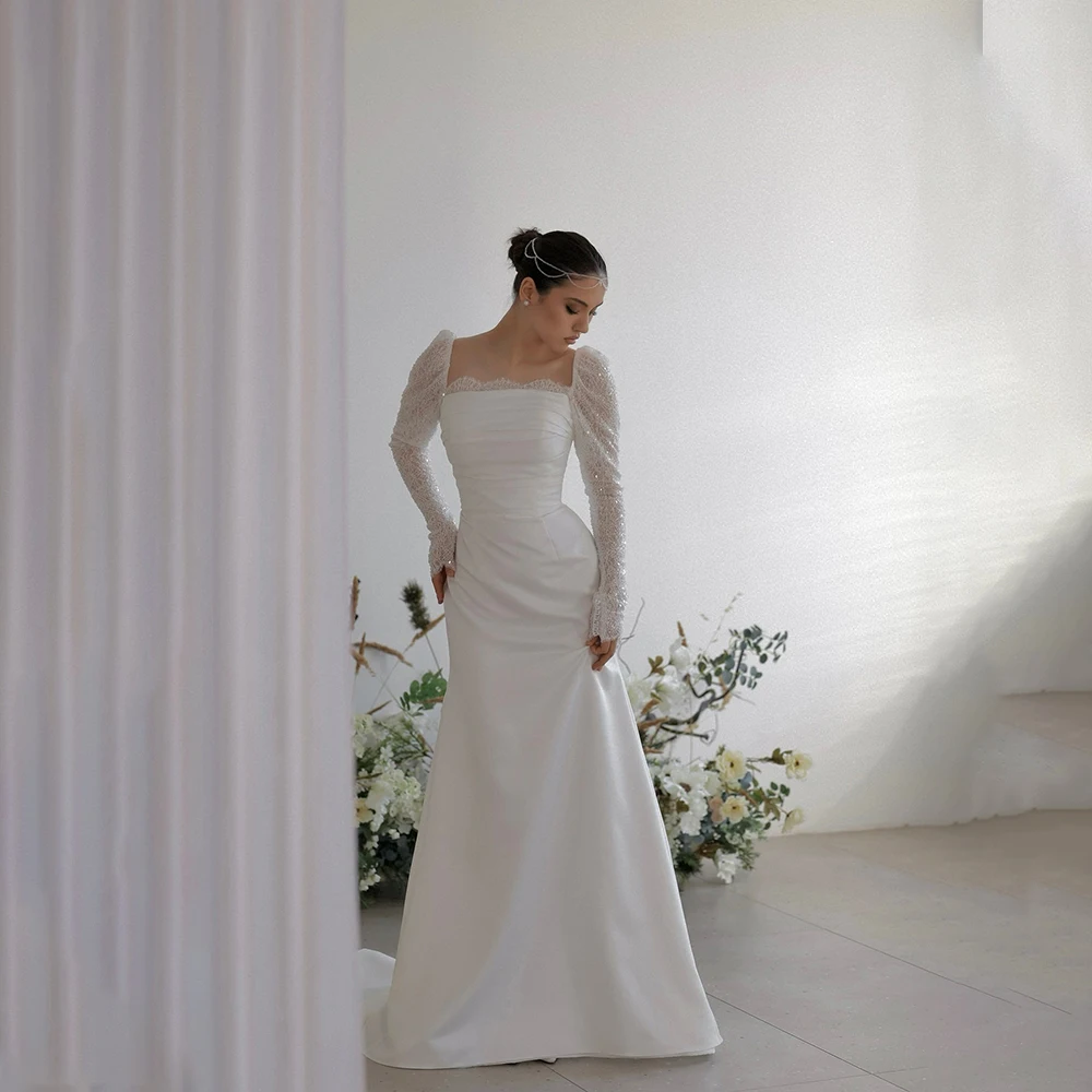 

Simple Weddings Dresses Square Collar Lace Long Sleeve Mermaid Vestido Femininos Satin Bridal Gown Customized Robe De Mariée