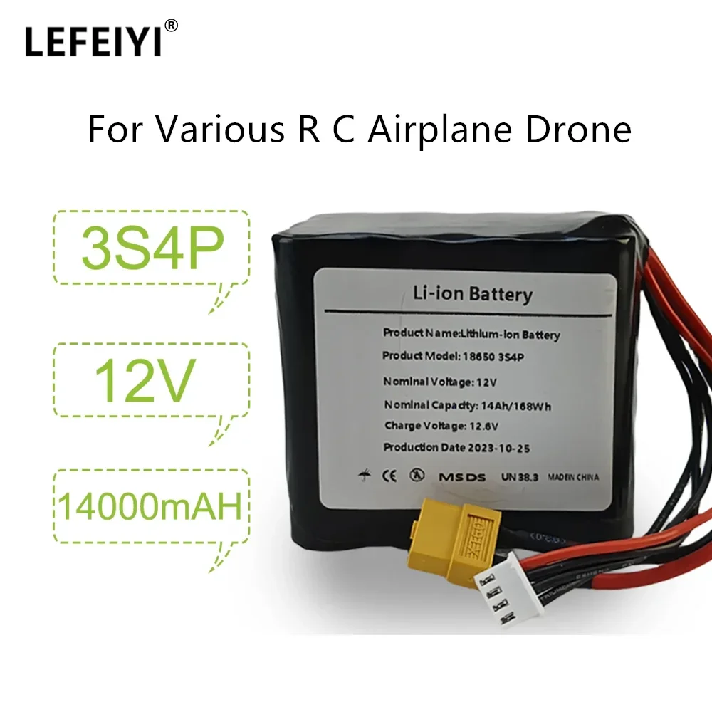 Li-ion Battery for Various R C Airplane Drone Quadrotor, High Capacity, Rechargeable, 3S4P 10.8V 14Ah, XH2.54-4P, XT60