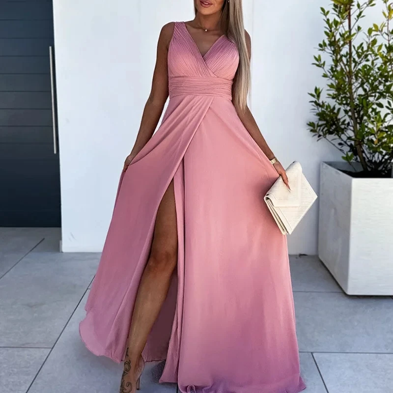 

Lady Solid Color Hollow Pleated High Split Dress Summer Sleeveless Slim Evening Long Dress Elegant V Neck High Waist Party Dres
