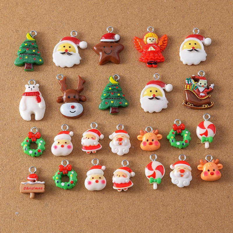 

10pcs Cute Resin Christmas Charm Elk Snowman Santa Claus Pendants for Earrings Necklace Bracelet DIY X'mas Jewelry Accessories