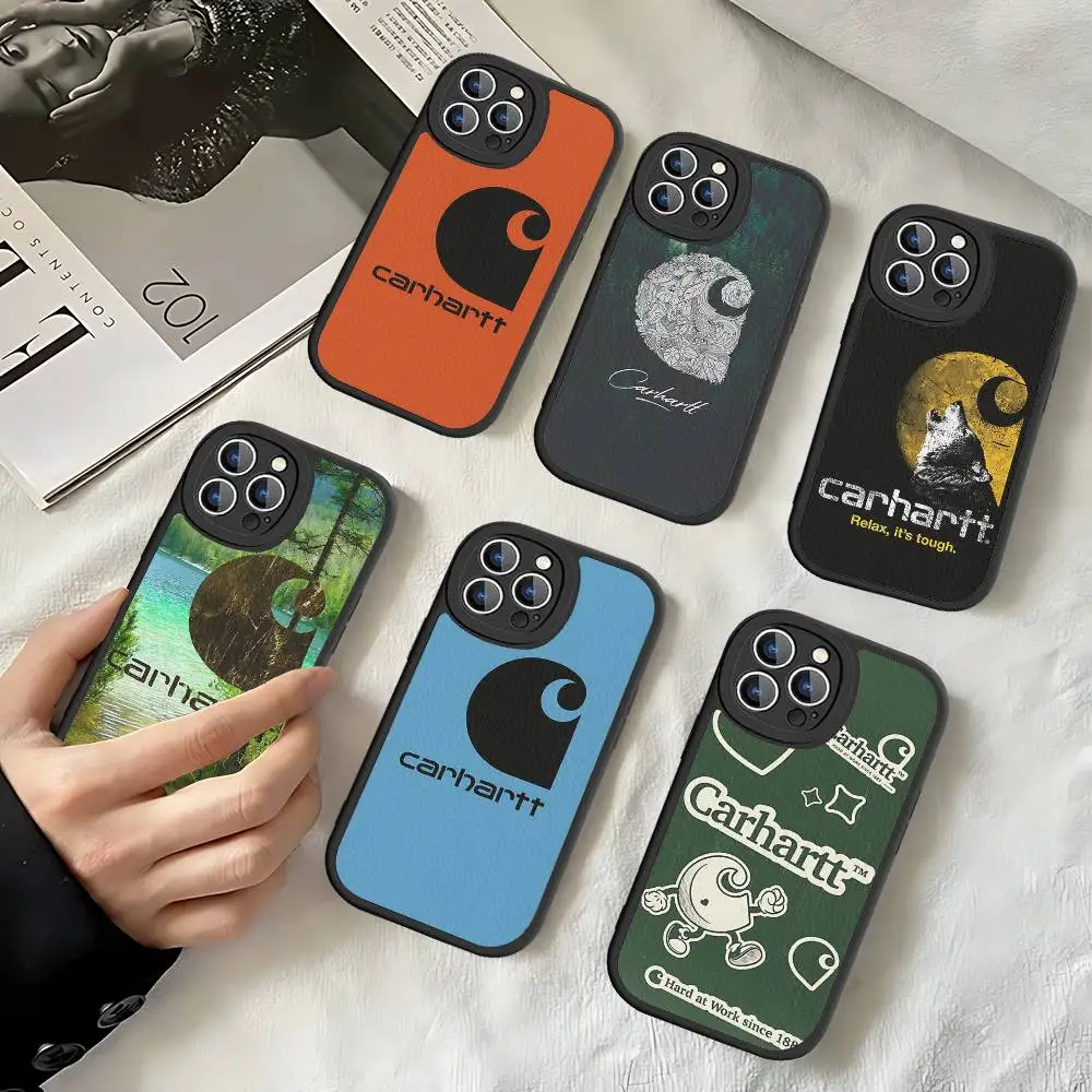 

C-Carharttes LOGO Leather Phone Case For IPhone 16 14 15 Pro Plus 13 12 11 Pro Max Silicone Cover