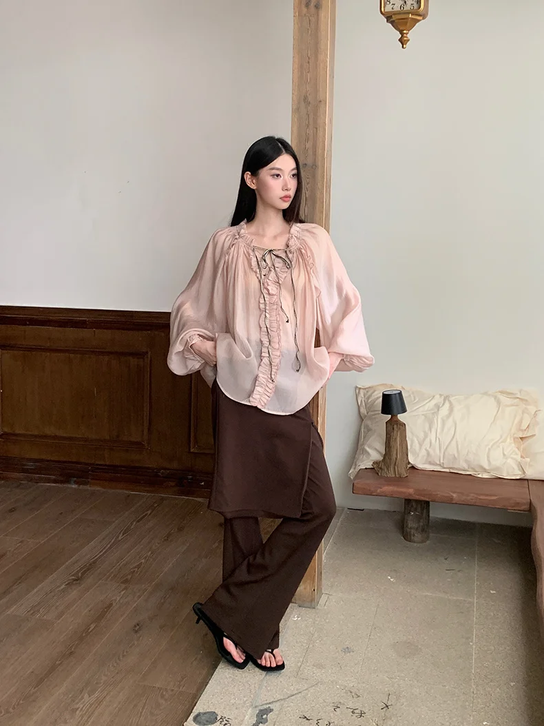 

Mint Peach A-Line Long Sleeve T-Shirt Pink V-Neck Ruffle Drawstring Loose Sunshade Shirt Women's Hanfu Top Casual Wear
