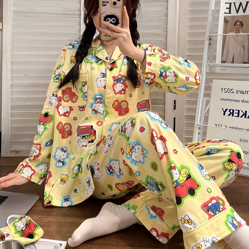 Pochacco Pajama Set Kawaii Hello Kittys Sanrios Anime Cartoon Cinnamoroll Spring Autumn Long Sleeves Student Home Wear Nightwear