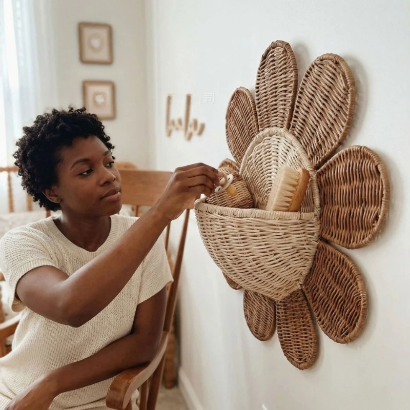 Nordic Rattan Woven Basket Children's Room Wall Decoration Vine Weaving Sunflower Bathroom Rack Multifunctional Key Baskets