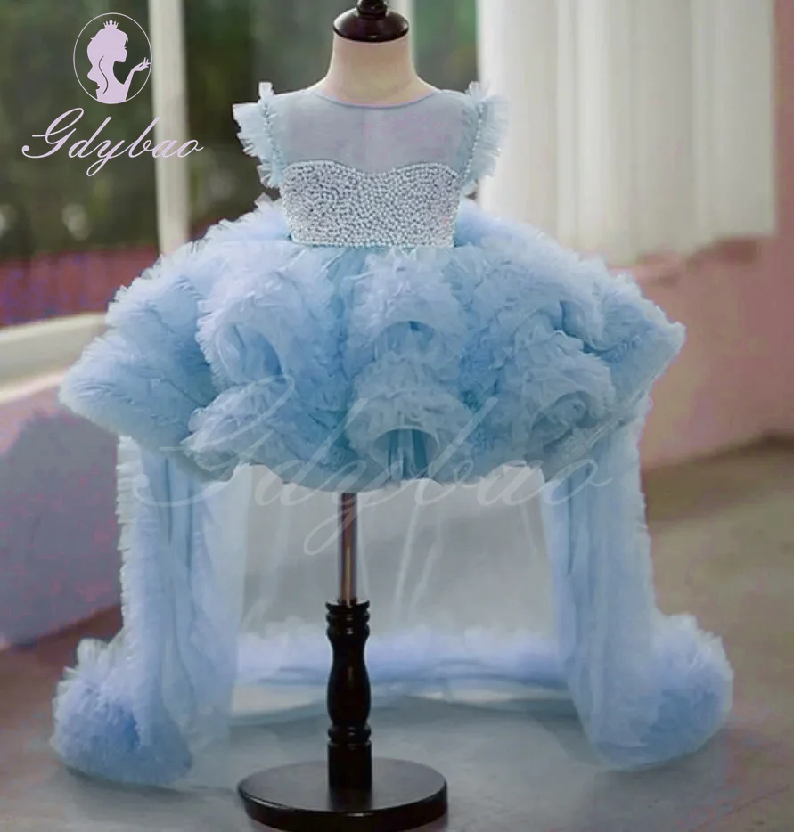 Blue Pearls Flower Girl Dress For Wedding Tulle Puffy Sleeveless Baby Kids Birthday Dress Elegant First Communion Princess Gowns