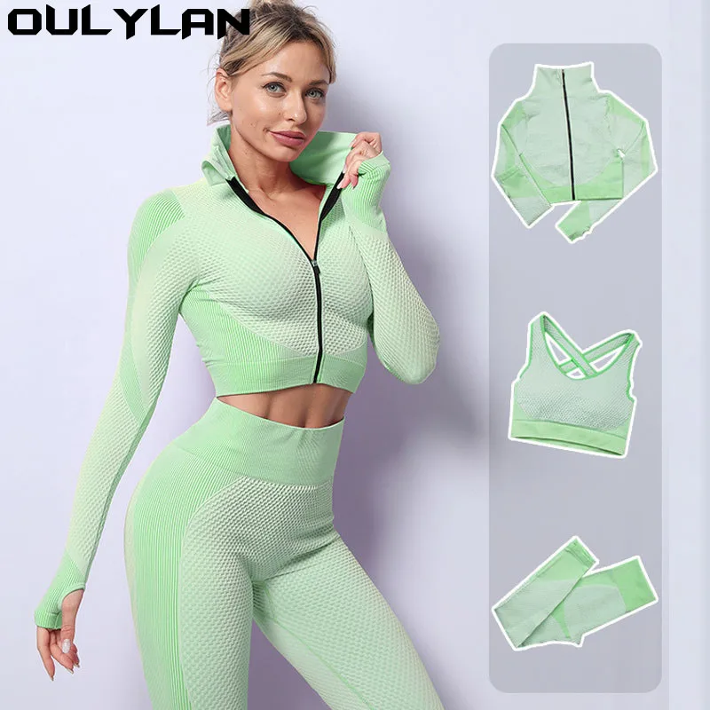 Oulylan Leggings a vita alta abiti 2/3 pezzi Seamless Women Yoga Set Workout Sportswear abbigliamento da palestra Fitness manica lunga Crop Top