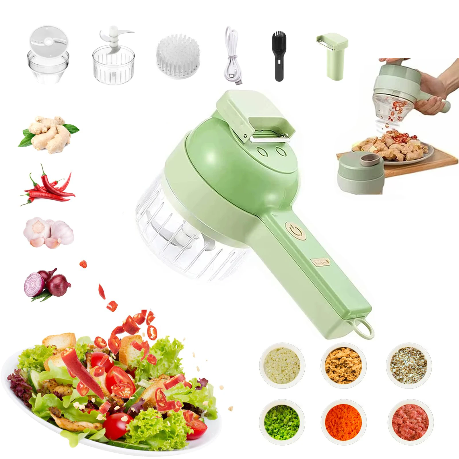 Cortador de verduras eléctrico de mano 4 en 1, procesador de alimentos inalámbrico, rebanador de verduras, juego de pimienta, ajo, puré, utensilios de cocina picados