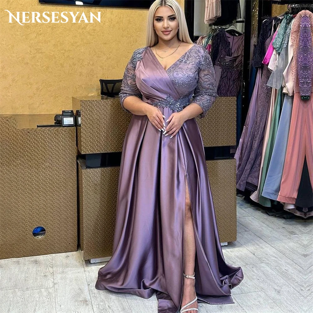 Nersesyan Purple Lace Fromal Evening Dresses V-Neck Glitter Beading Long Sleeves Prom Dress Side Slit Pleats Wedding Party Gowns