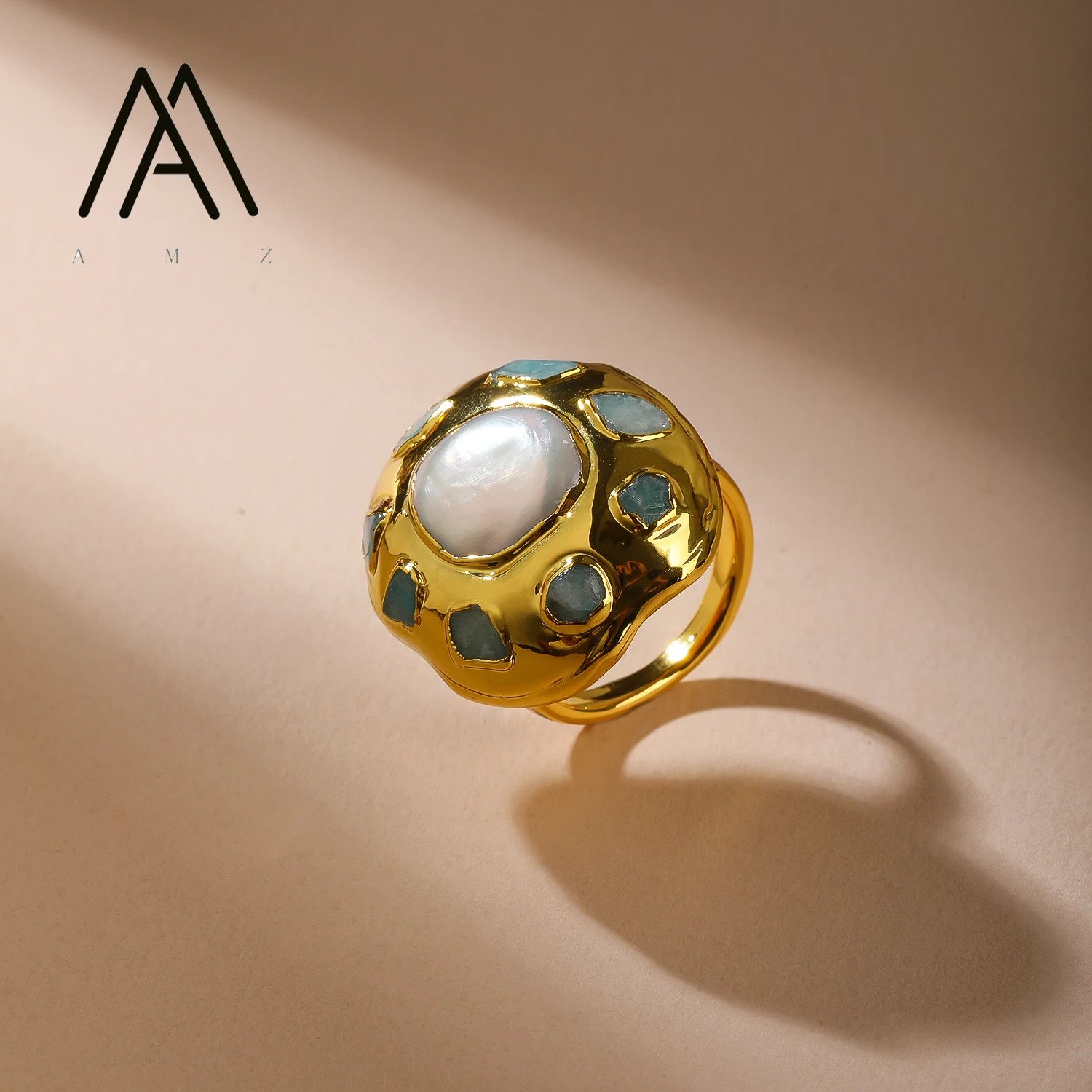 

Natural Larimar Pearl Ring Luxury Bohemian Enhanced Ring 18K Gold-Plated Open-Band Jewelry Wedding Banquet Accessory for Women